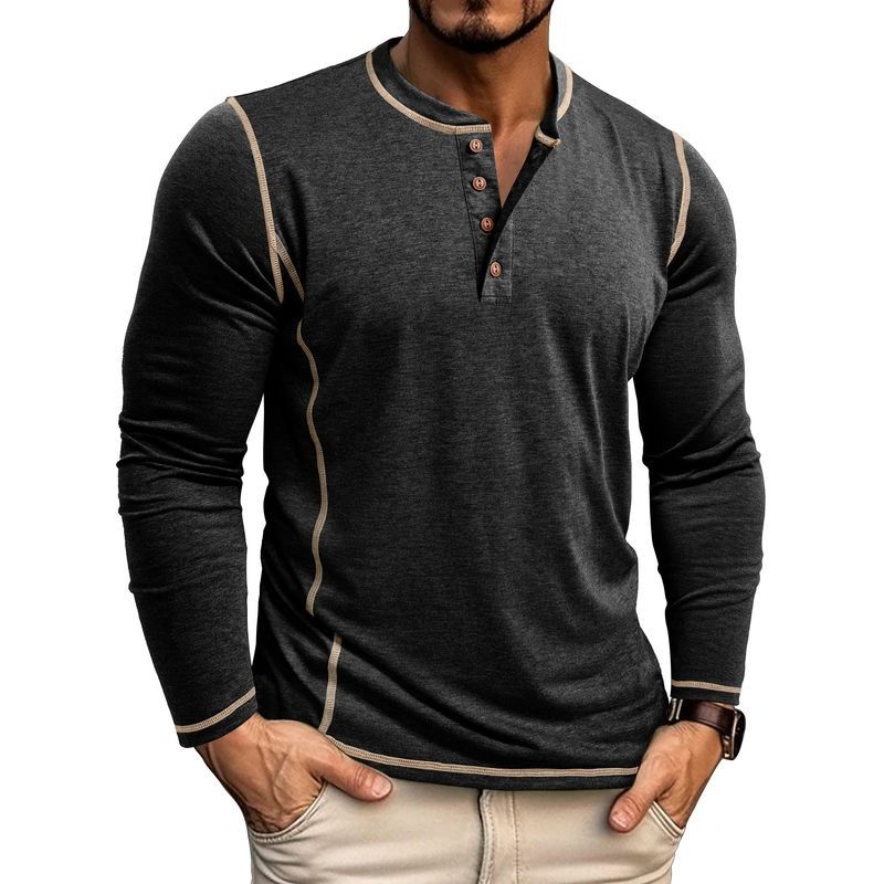 Men's Large Size Men's Long-sleeved T-shirt Men's Henley Shirt Four Buttons Tops
