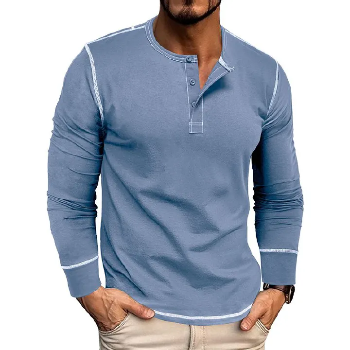 2025 Long Sleeve Henley Shirt Men's Round Neck t-shirt Colorblocking Tops Compassionate Menswear
