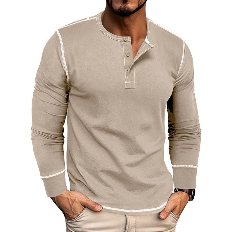 2025 Long Sleeve Henley Shirt Men's Round Neck t-shirt Colorblocking Tops Compassionate Menswear
