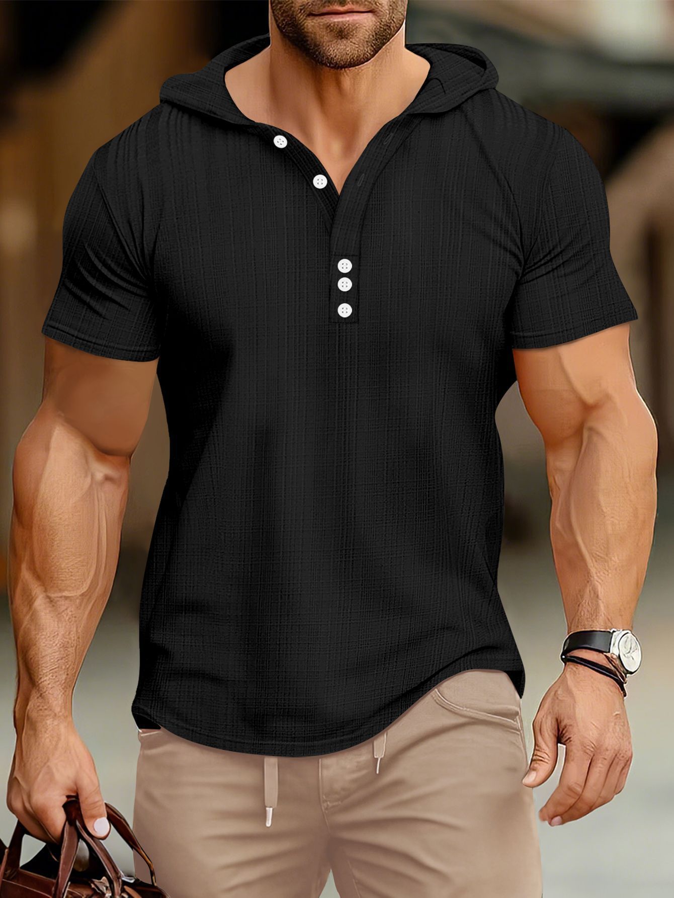 Sports Fitness Men's Short Sleeve t-shirt Men's Hoodie Top American Henley Shirt