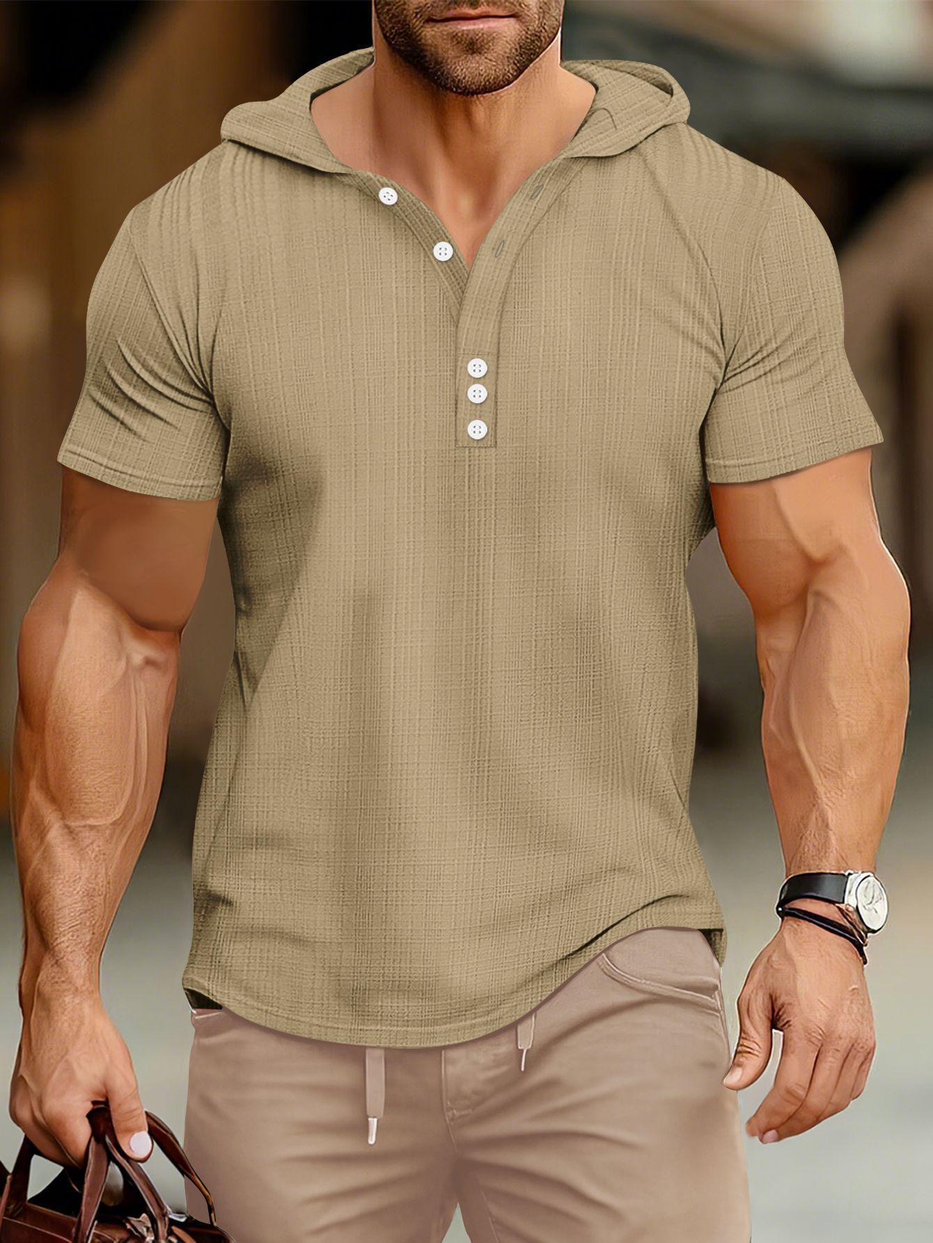 Sports Fitness Men's Short Sleeve t-shirt Men's Hoodie Top American Henley Shirt