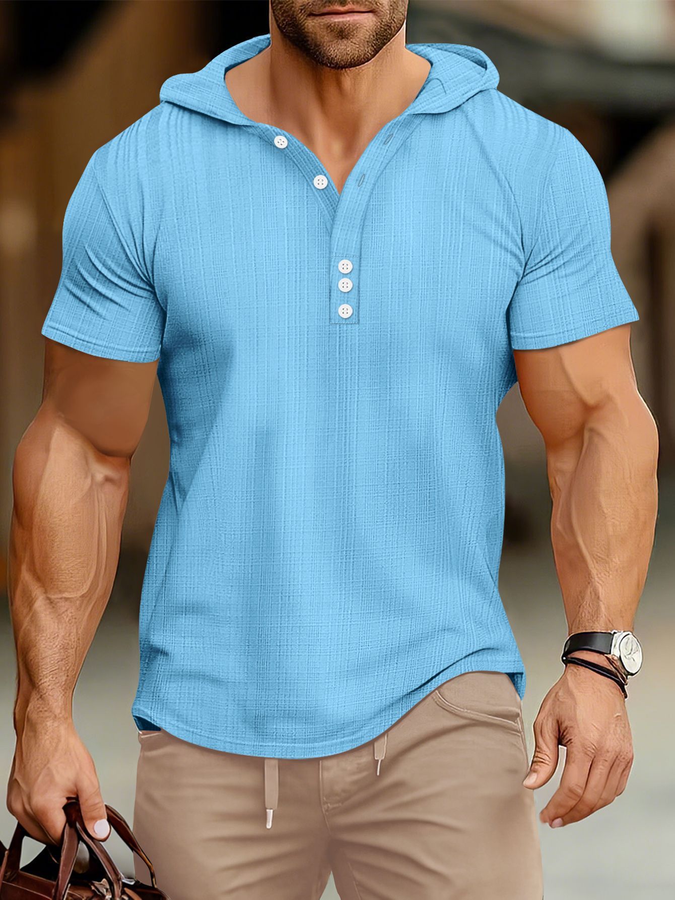 Sports Fitness Men's Short Sleeve t-shirt Men's Hoodie Top American Henley Shirt