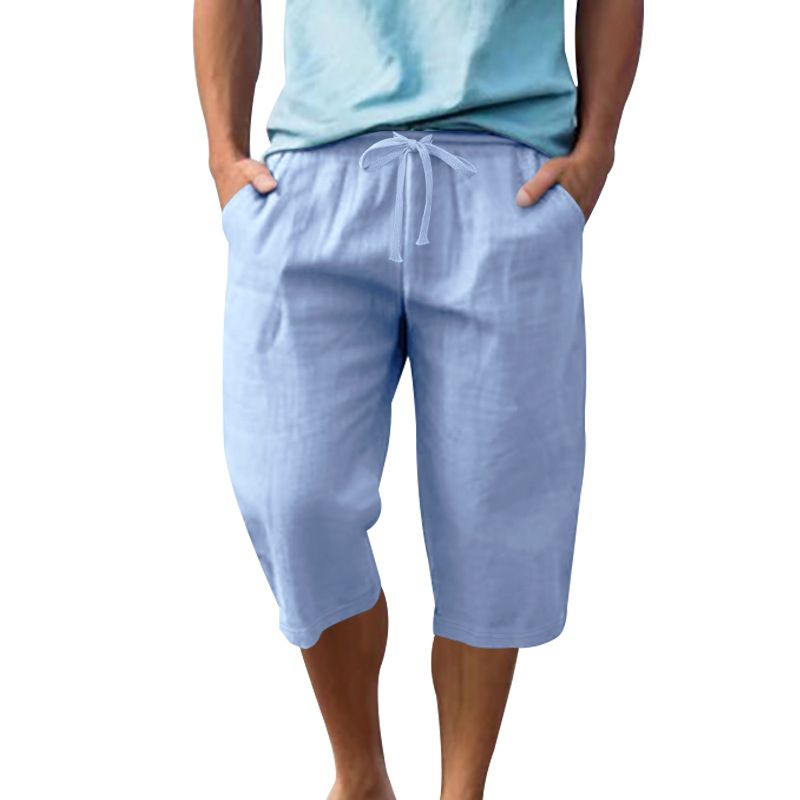 Linen Men's Casual Pants Summer Thin Section Loose Sports Straight Beach 7-minute Shorts