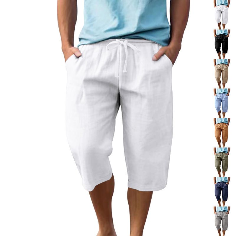 Linen Men's Casual Pants Summer Thin Section Loose Sports Straight Beach 7-minute Shorts