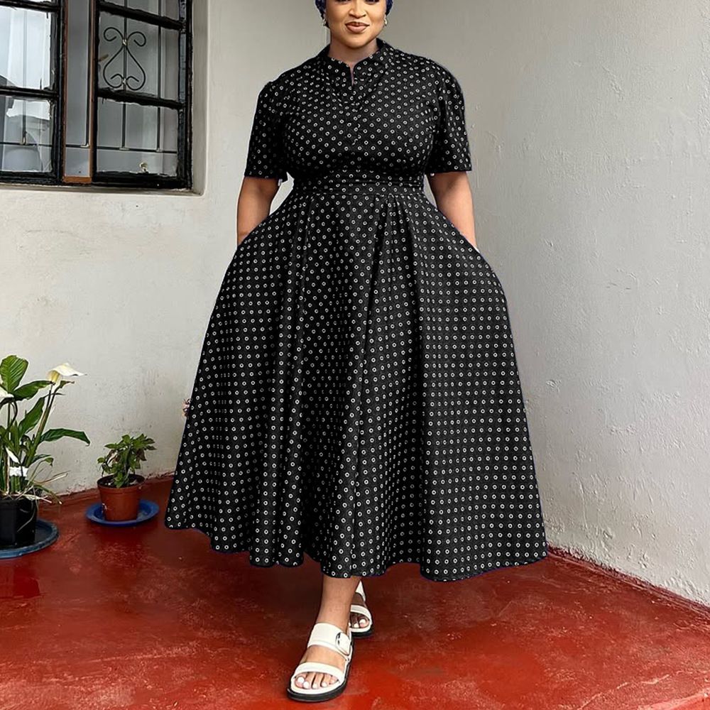 Women's 2025 Summer Short Sleeve V-Neck Bohemian Polka Dot Printed Dresses Plus Size Long Dresses Women