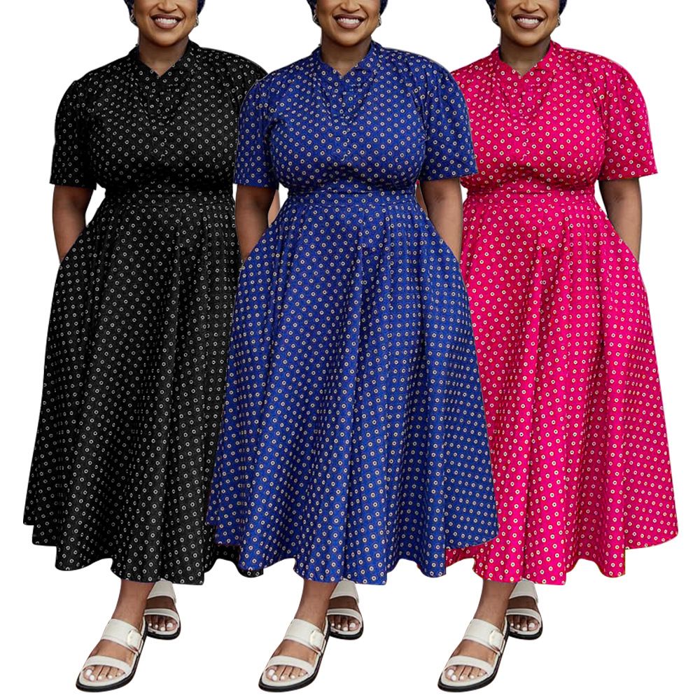 Women's 2025 Summer Short Sleeve V-Neck Bohemian Polka Dot Printed Dresses Plus Size Long Dresses Women