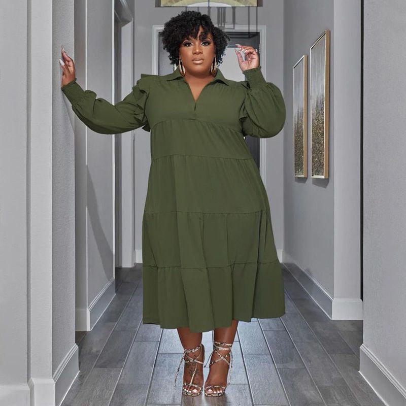 Plus Size Women's Amazon Pop-up Ruffle Shoulder Long Sleeve Layered Hem Dresses