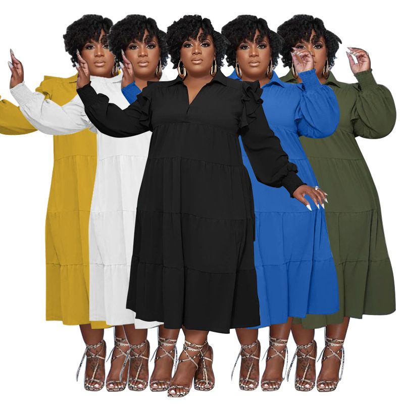 Plus Size Women's Amazon Pop-up Ruffle Shoulder Long Sleeve Layered Hem Dresses