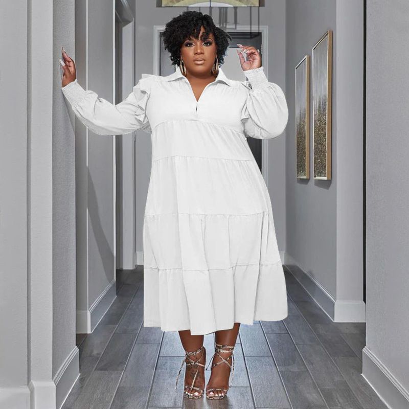 Plus Size Women's Amazon Pop-up Ruffle Shoulder Long Sleeve Layered Hem Dresses
