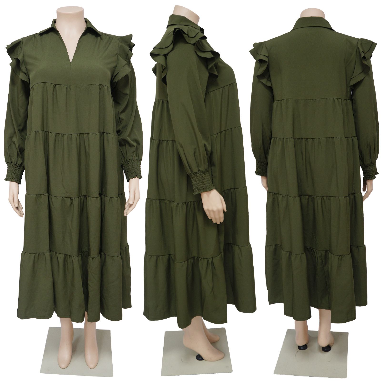 Plus Size Women's Amazon Pop-up Ruffle Shoulder Long Sleeve Layered Hem Dresses