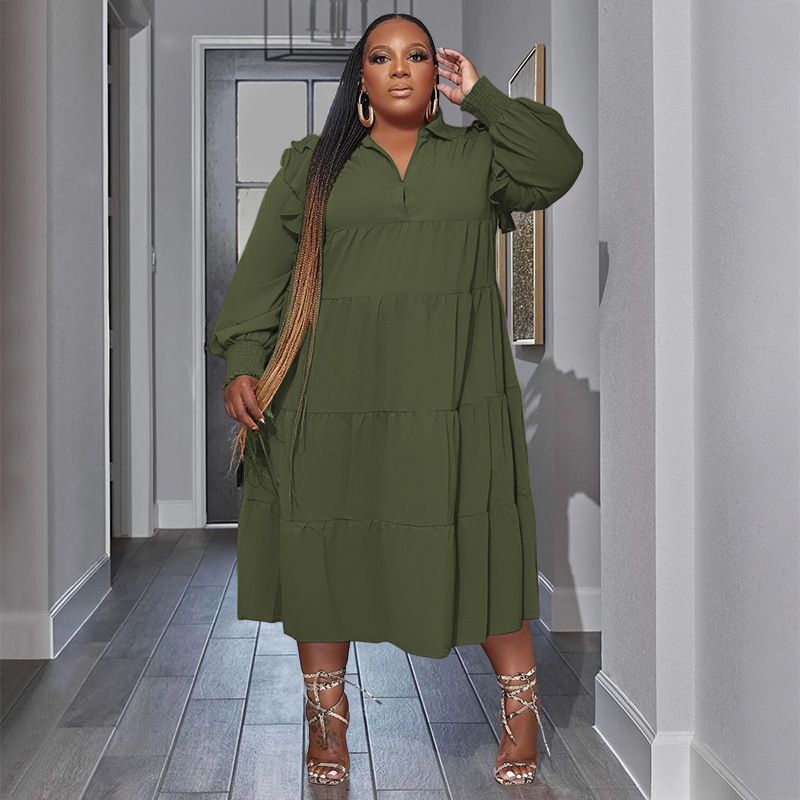 Plus Size Women's Amazon Pop-up Ruffle Shoulder Long Sleeve Layered Hem Dresses