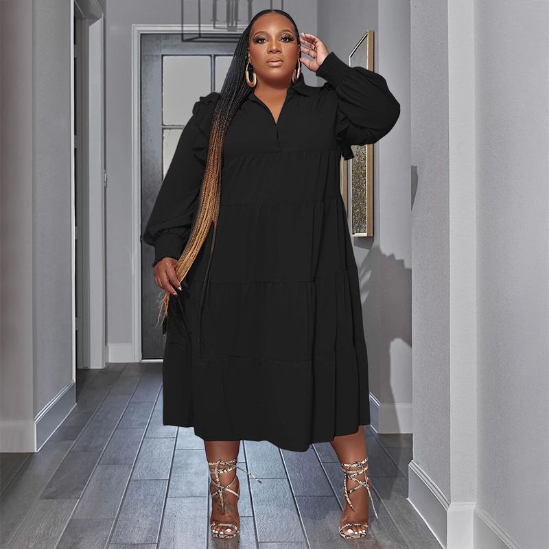 Plus Size Women's Amazon Pop-up Ruffle Shoulder Long Sleeve Layered Hem Dresses