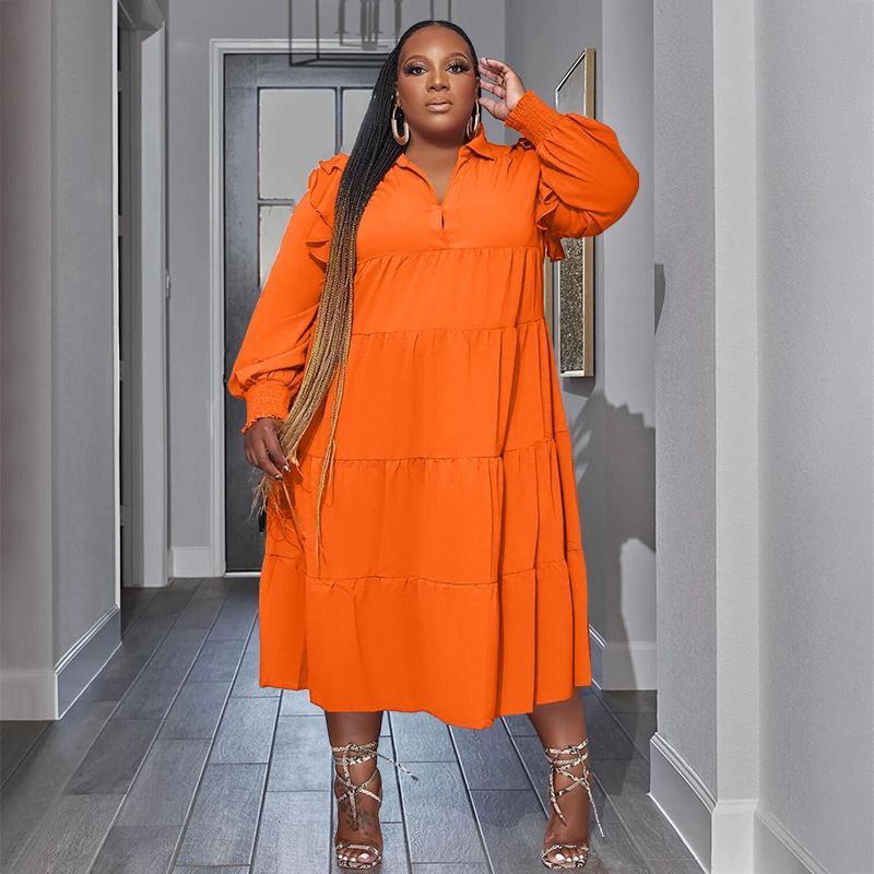 Plus Size Women's Amazon Pop-up Ruffle Shoulder Long Sleeve Layered Hem Dresses