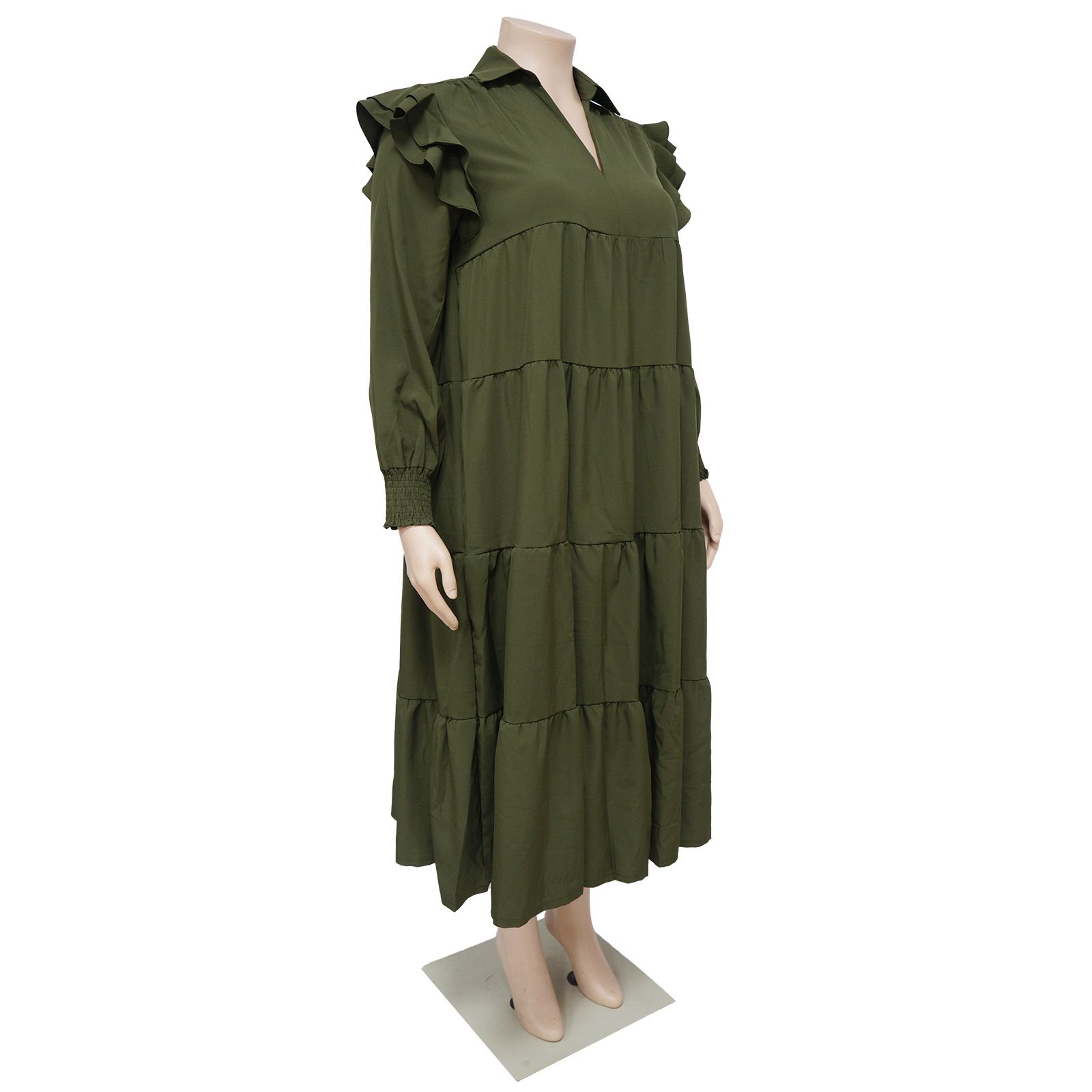 Plus Size Women's Amazon Pop-up Ruffle Shoulder Long Sleeve Layered Hem Dresses