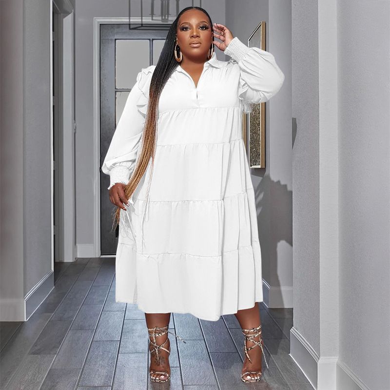 Plus Size Women's Amazon Pop-up Ruffle Shoulder Long Sleeve Layered Hem Dresses