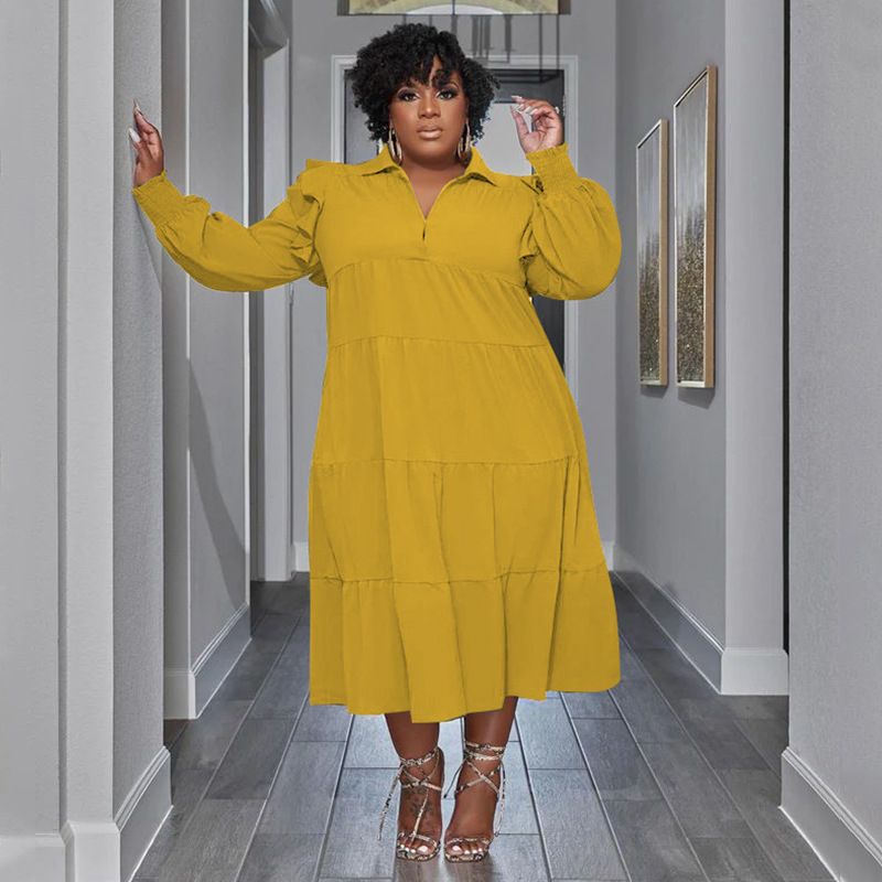 Plus Size Women's Amazon Pop-up Ruffle Shoulder Long Sleeve Layered Hem Dresses