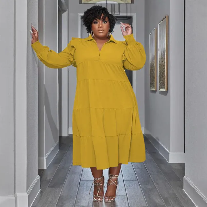 Plus Size Women's Amazon Pop-up Ruffle Shoulder Long Sleeve Layered Hem Dresses