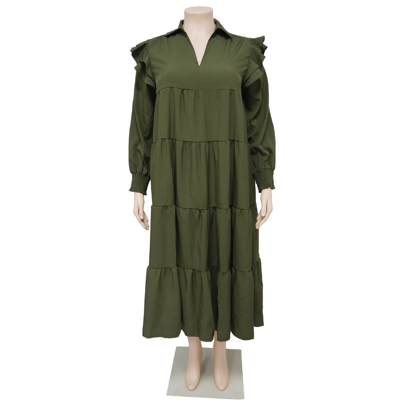 Plus Size Women's Amazon Pop-up Ruffle Shoulder Long Sleeve Layered Hem Dresses