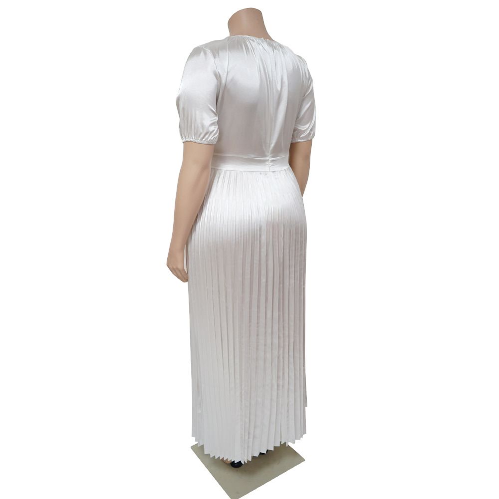 Hot Selling - Plus Size Women's Pressure Pleat Round Neck Long Dress Short Sleeve