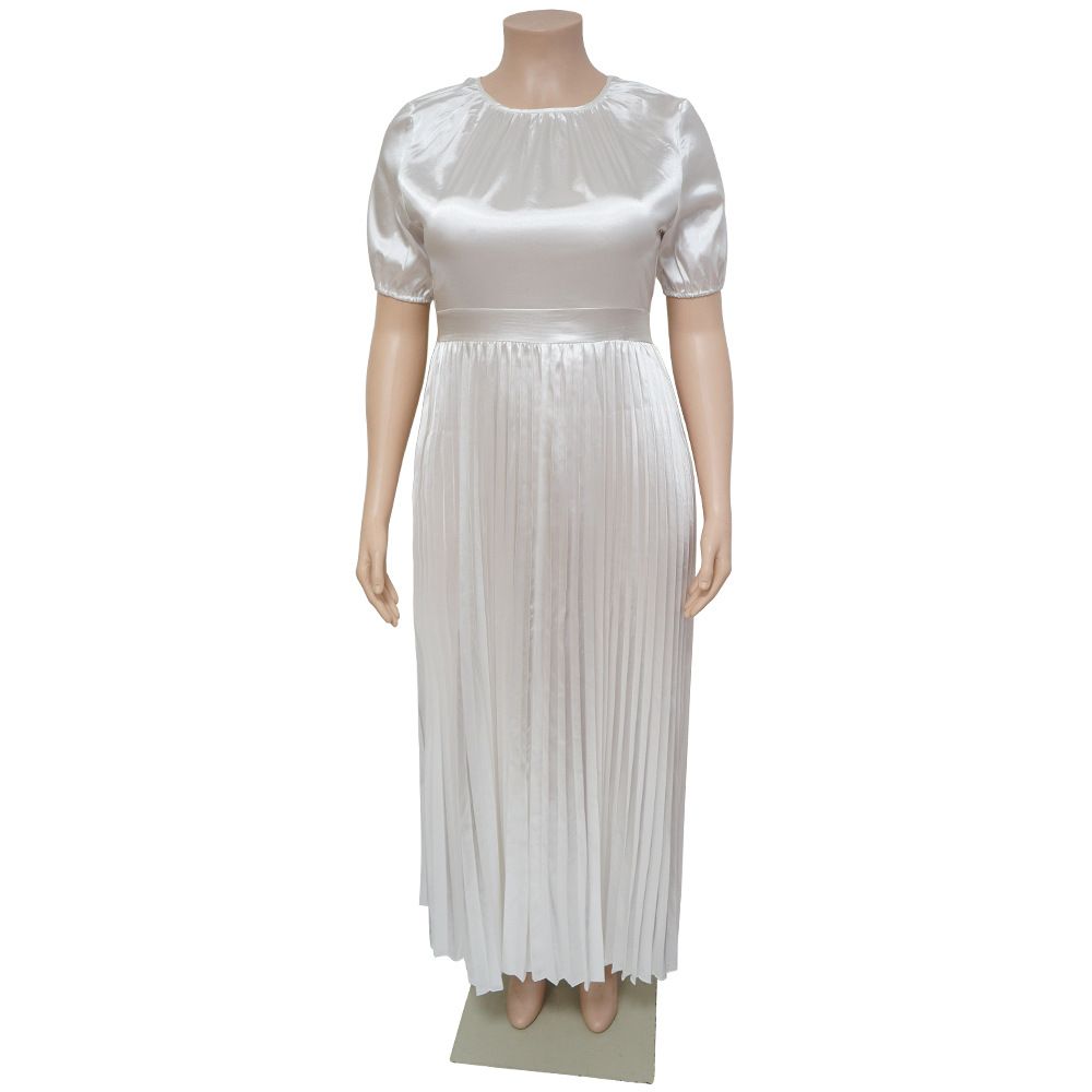 Hot Selling - Plus Size Women's Pressure Pleat Round Neck Long Dress Short Sleeve