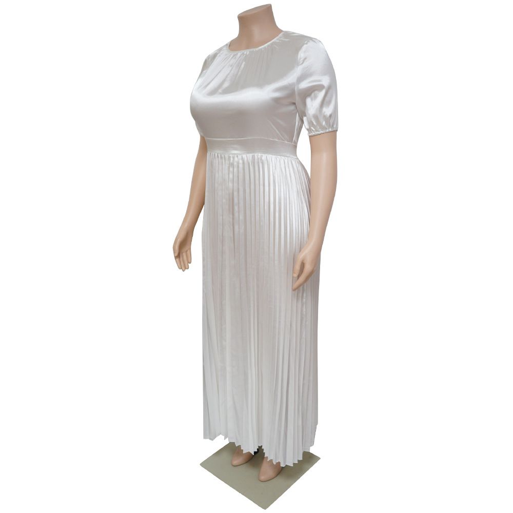 Hot Selling - Plus Size Women's Pressure Pleat Round Neck Long Dress Short Sleeve