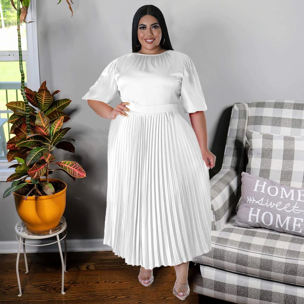 Hot Selling - Plus Size Women's Pressure Pleat Round Neck Long Dress Short Sleeve