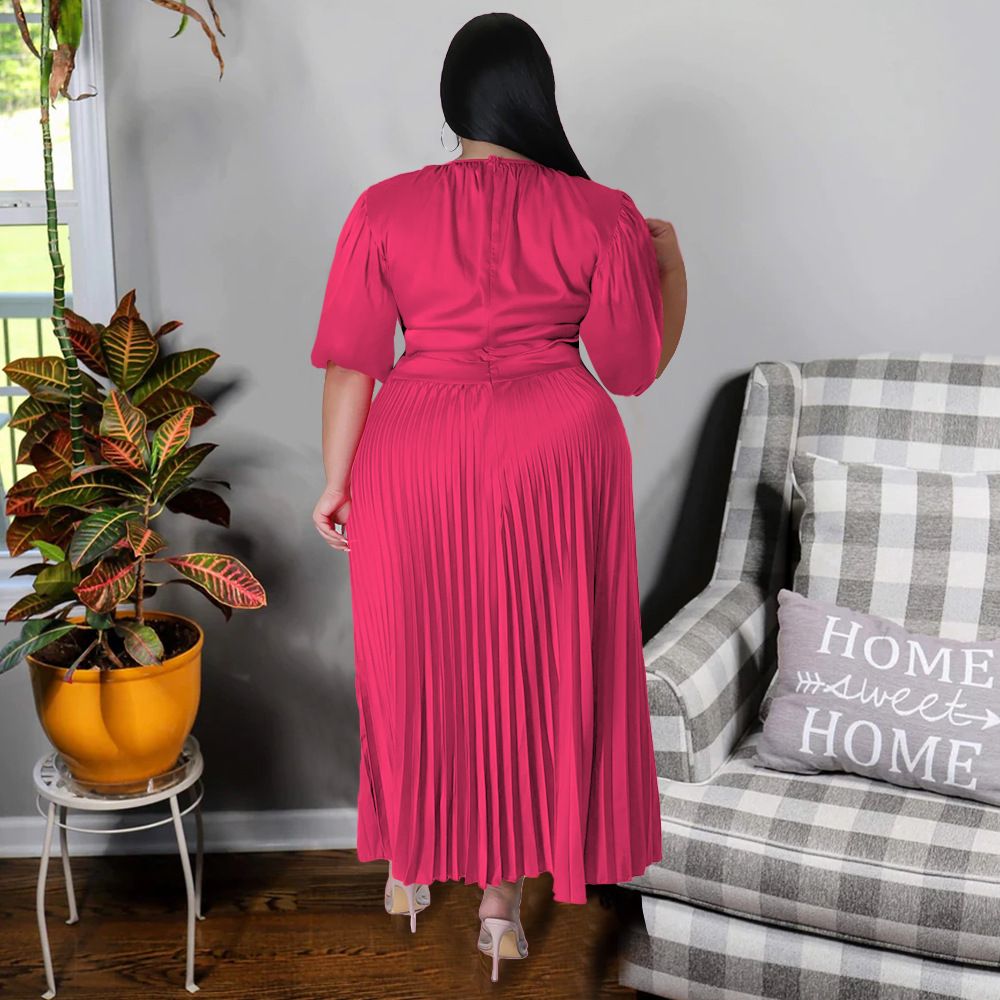 Hot Selling - Plus Size Women's Pressure Pleat Round Neck Long Dress Short Sleeve