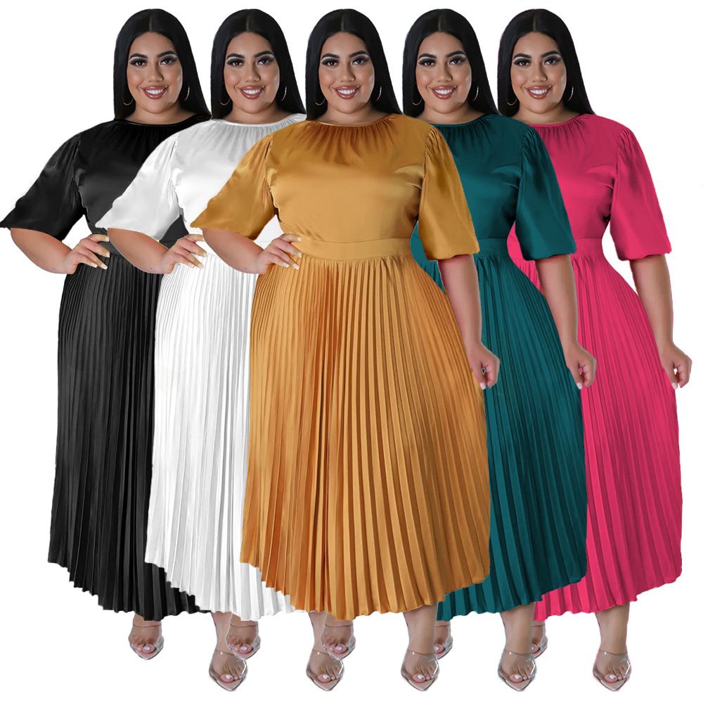 Hot Selling - Plus Size Women's Pressure Pleat Round Neck Long Dress Short Sleeve