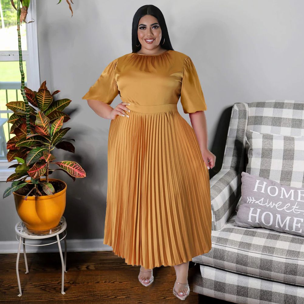 Hot Selling - Plus Size Women's Pressure Pleat Round Neck Long Dress Short Sleeve