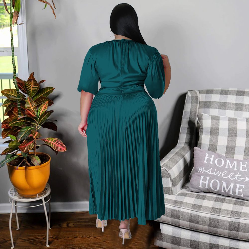 Hot Selling - Plus Size Women's Pressure Pleat Round Neck Long Dress Short Sleeve