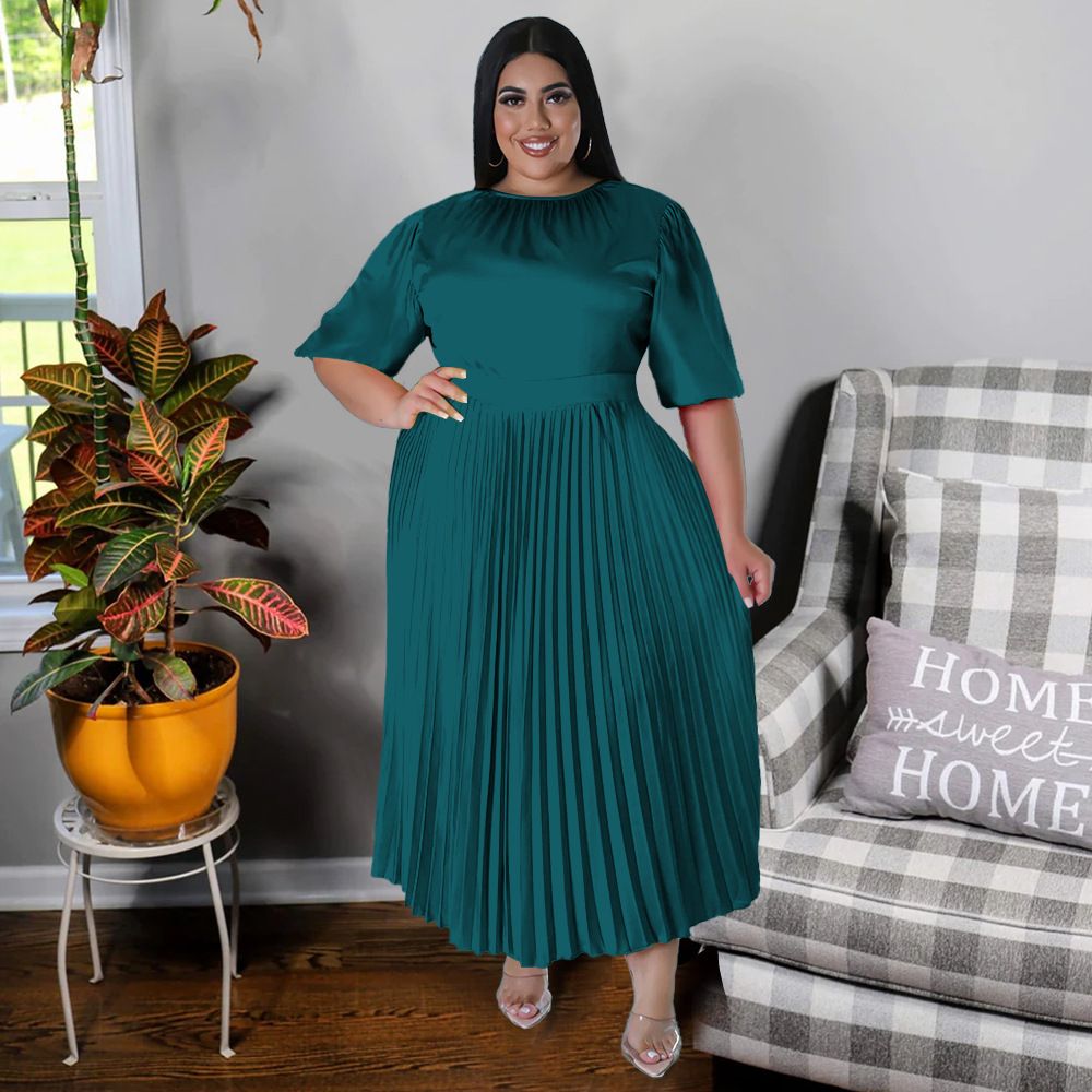 Hot Selling - Plus Size Women's Pressure Pleat Round Neck Long Dress Short Sleeve