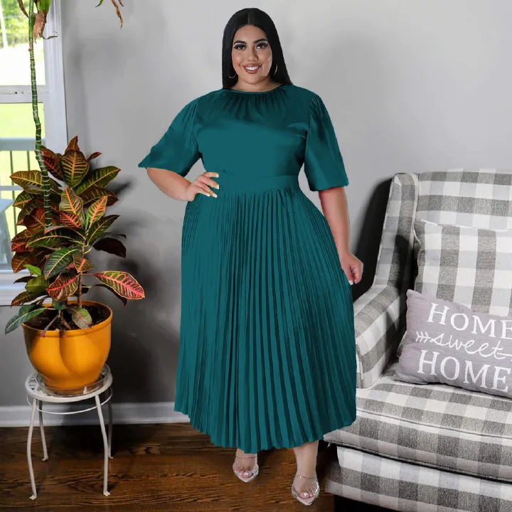 Hot Selling - Plus Size Women's Pressure Pleat Round Neck Long Dress Short Sleeve