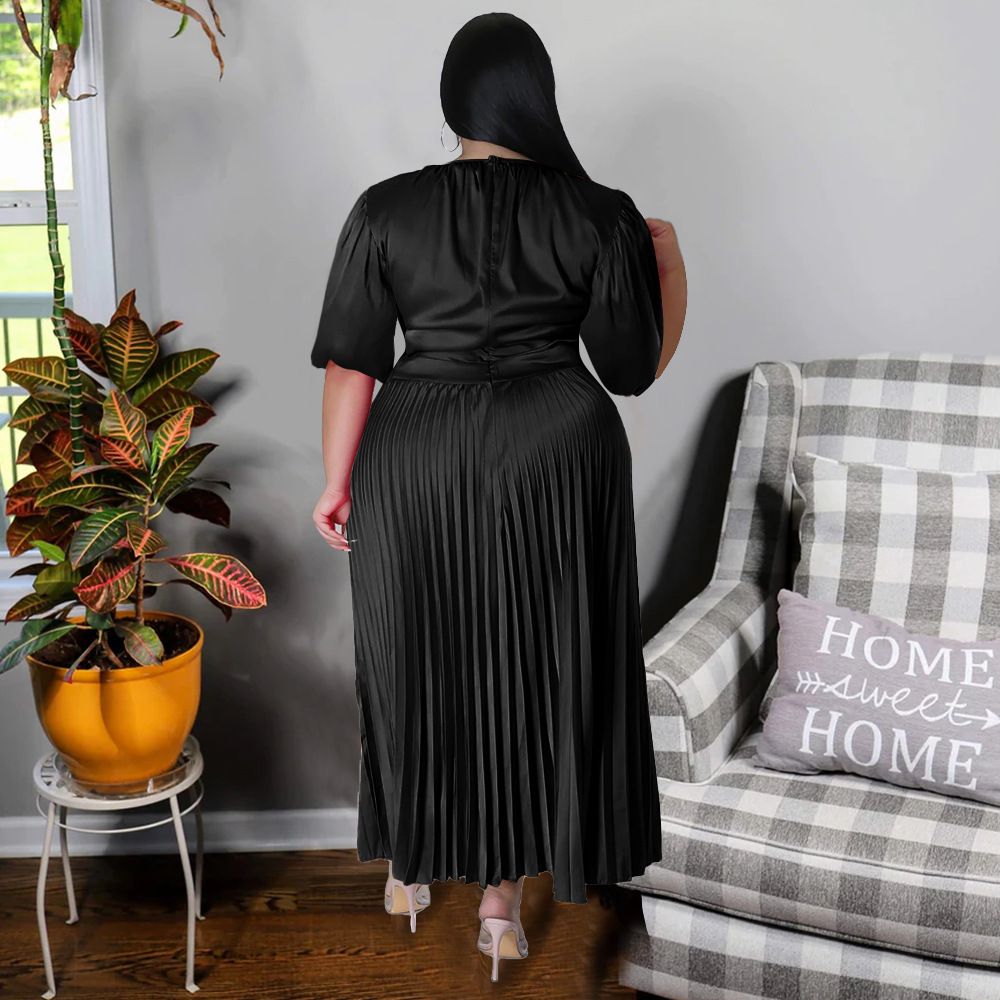 Hot Selling - Plus Size Women's Pressure Pleat Round Neck Long Dress Short Sleeve