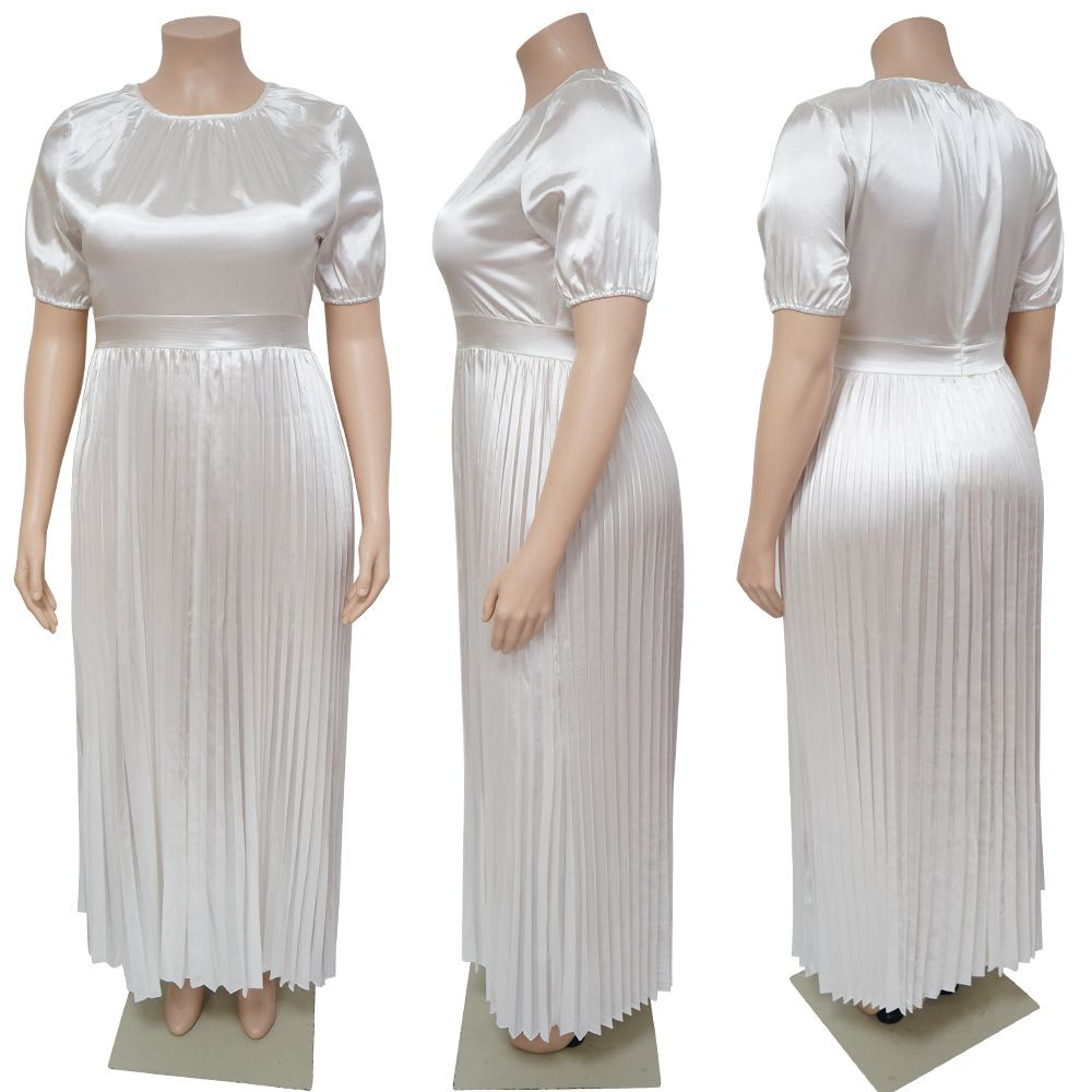Hot Selling - Plus Size Women's Pressure Pleat Round Neck Long Dress Short Sleeve