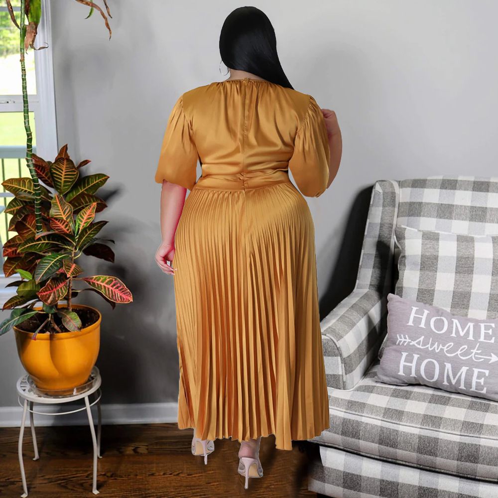 Hot Selling - Plus Size Women's Pressure Pleat Round Neck Long Dress Short Sleeve