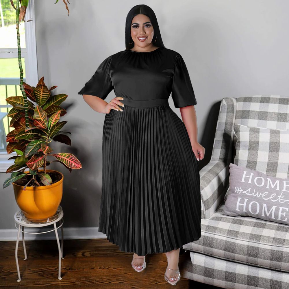 Hot Selling - Plus Size Women's Pressure Pleat Round Neck Long Dress Short Sleeve