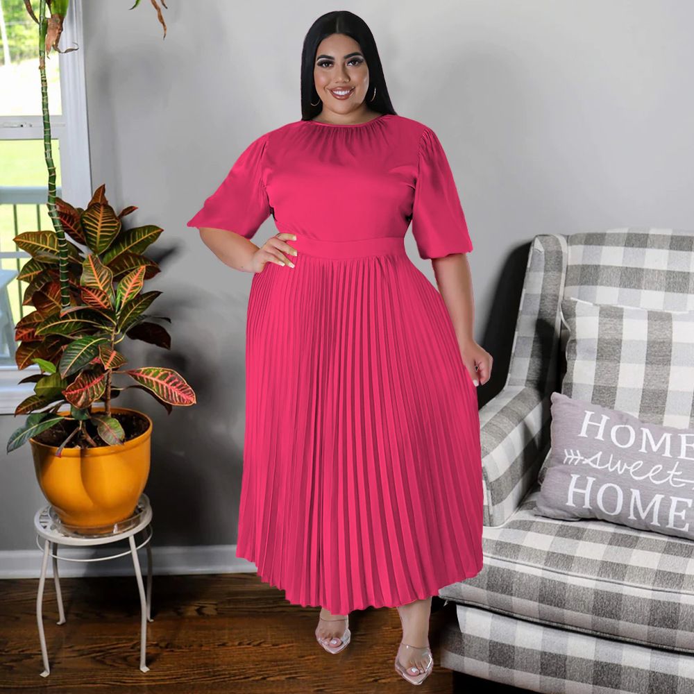 Hot Selling - Plus Size Women's Pressure Pleat Round Neck Long Dress Short Sleeve
