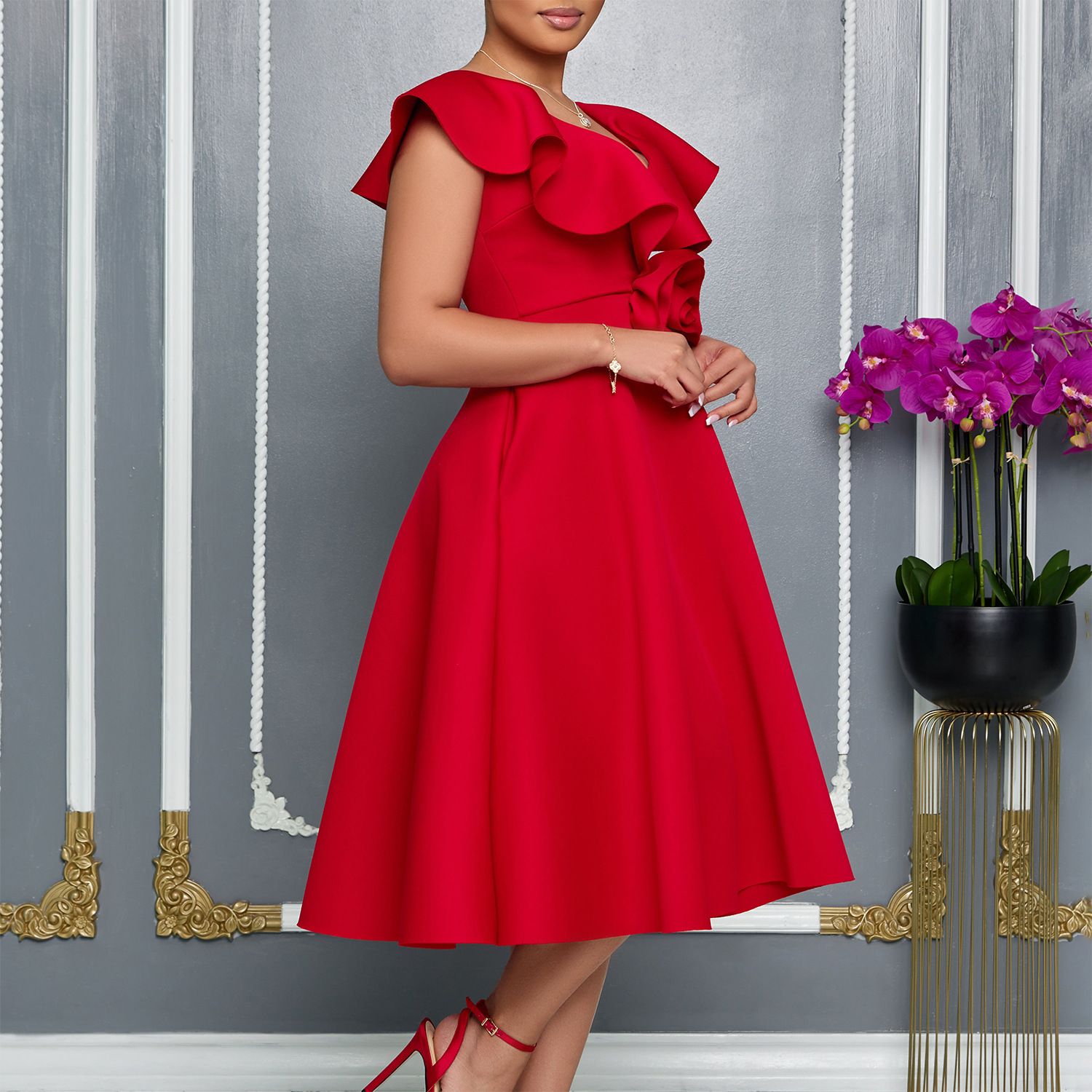 Amazon V Neck Ruffle Stereoscopic Floral Hem Evening Party Dresses