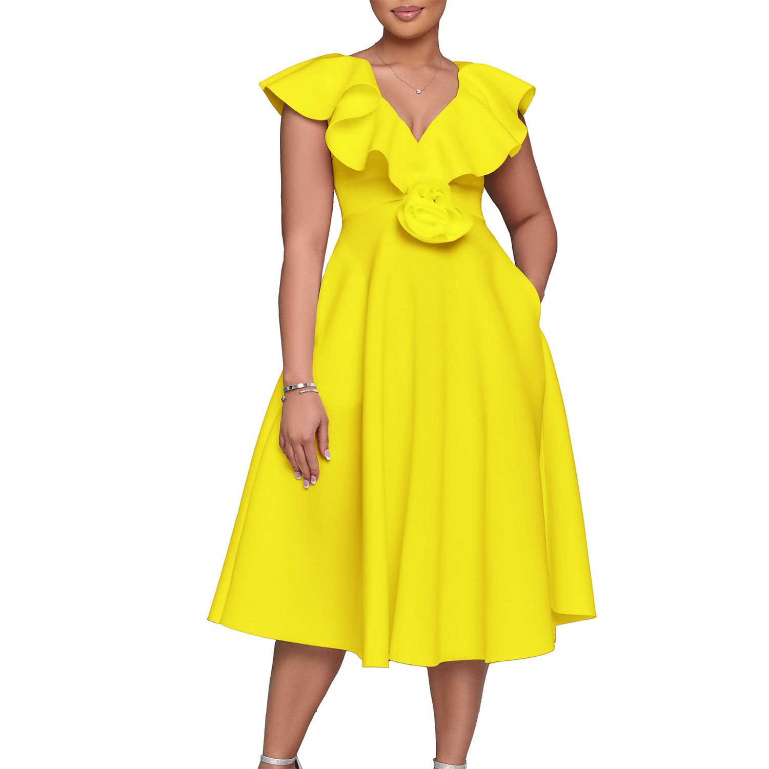 Amazon V Neck Ruffle Stereoscopic Floral Hem Evening Party Dresses