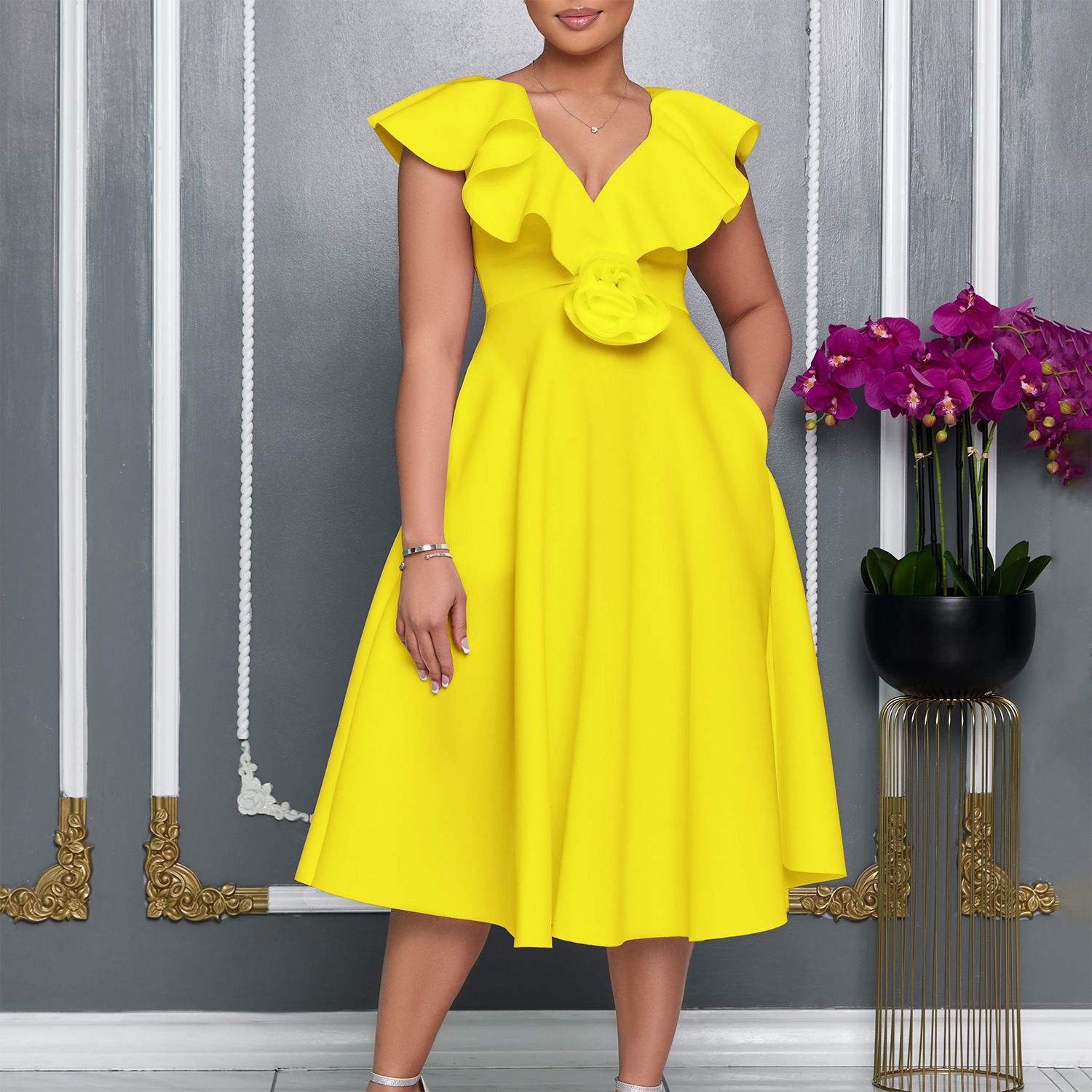 Amazon V Neck Ruffle Stereoscopic Floral Hem Evening Party Dresses
