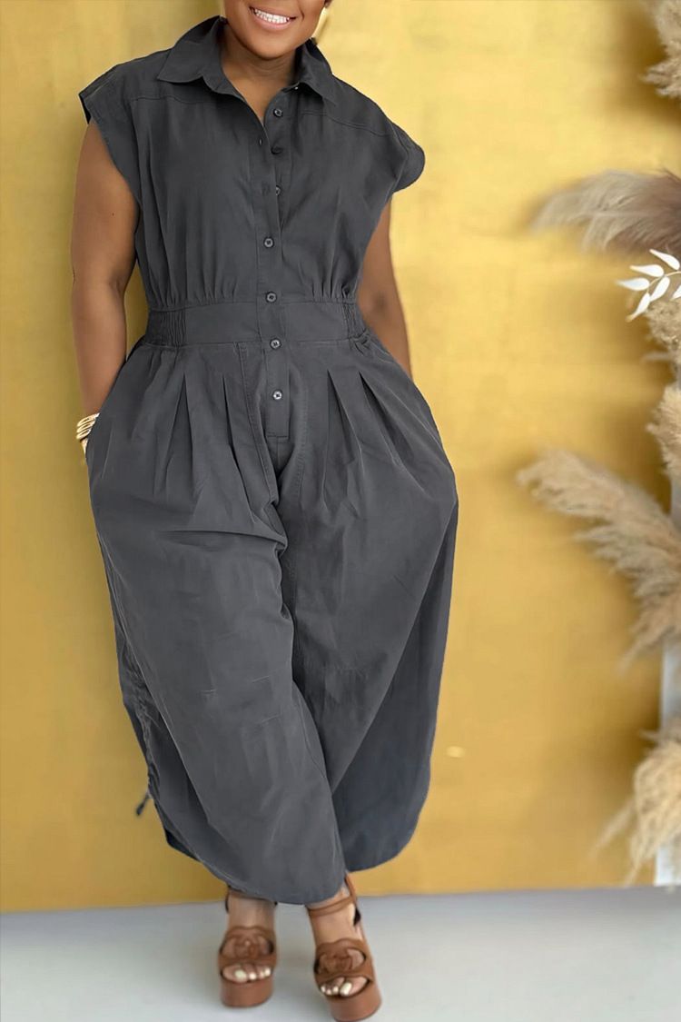 Casual Commuter Lapel Sleeveless Button Down Waisted Workwear Insert Pocket Jumpsuit