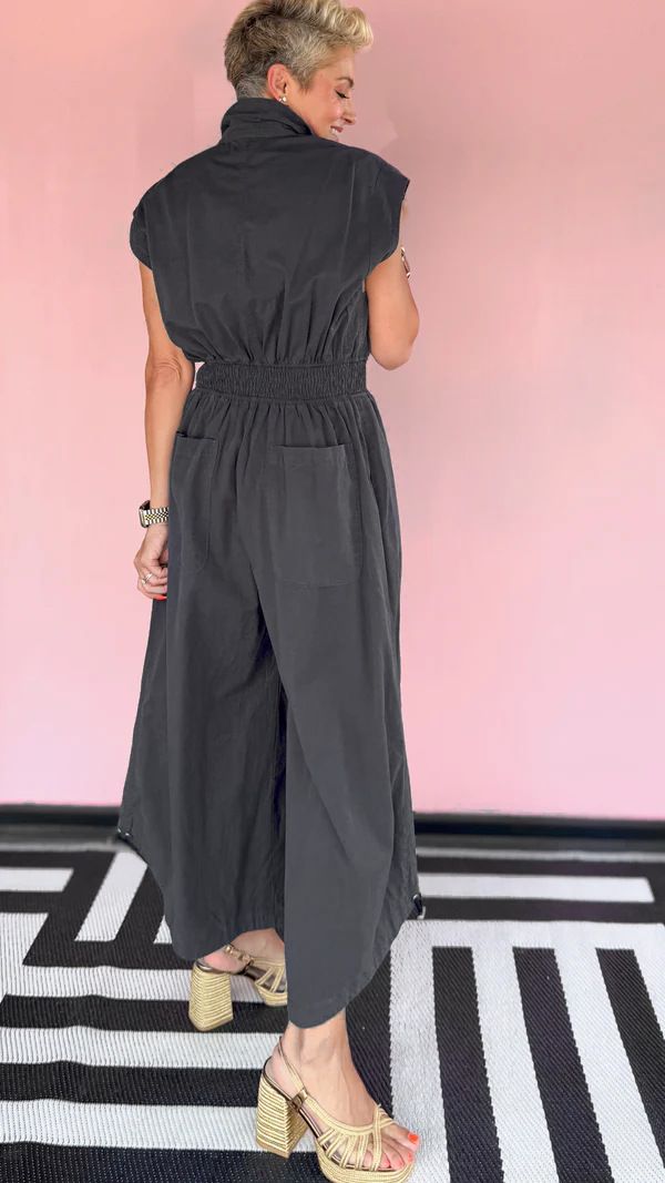 Casual Commuter Lapel Sleeveless Button Down Waisted Workwear Insert Pocket Jumpsuit