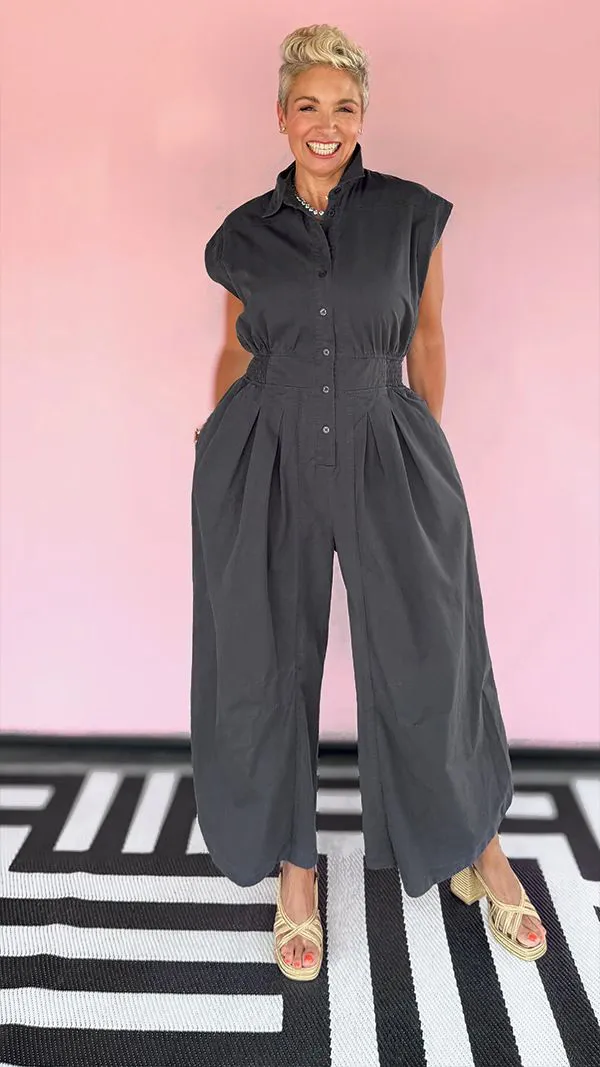 Casual Commuter Lapel Sleeveless Button Down Waisted Workwear Insert Pocket Jumpsuit