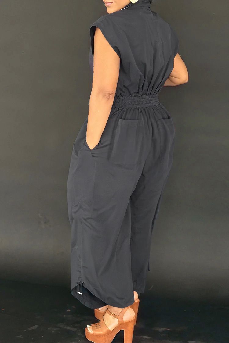 Casual Commuter Lapel Sleeveless Button Down Waisted Workwear Insert Pocket Jumpsuit
