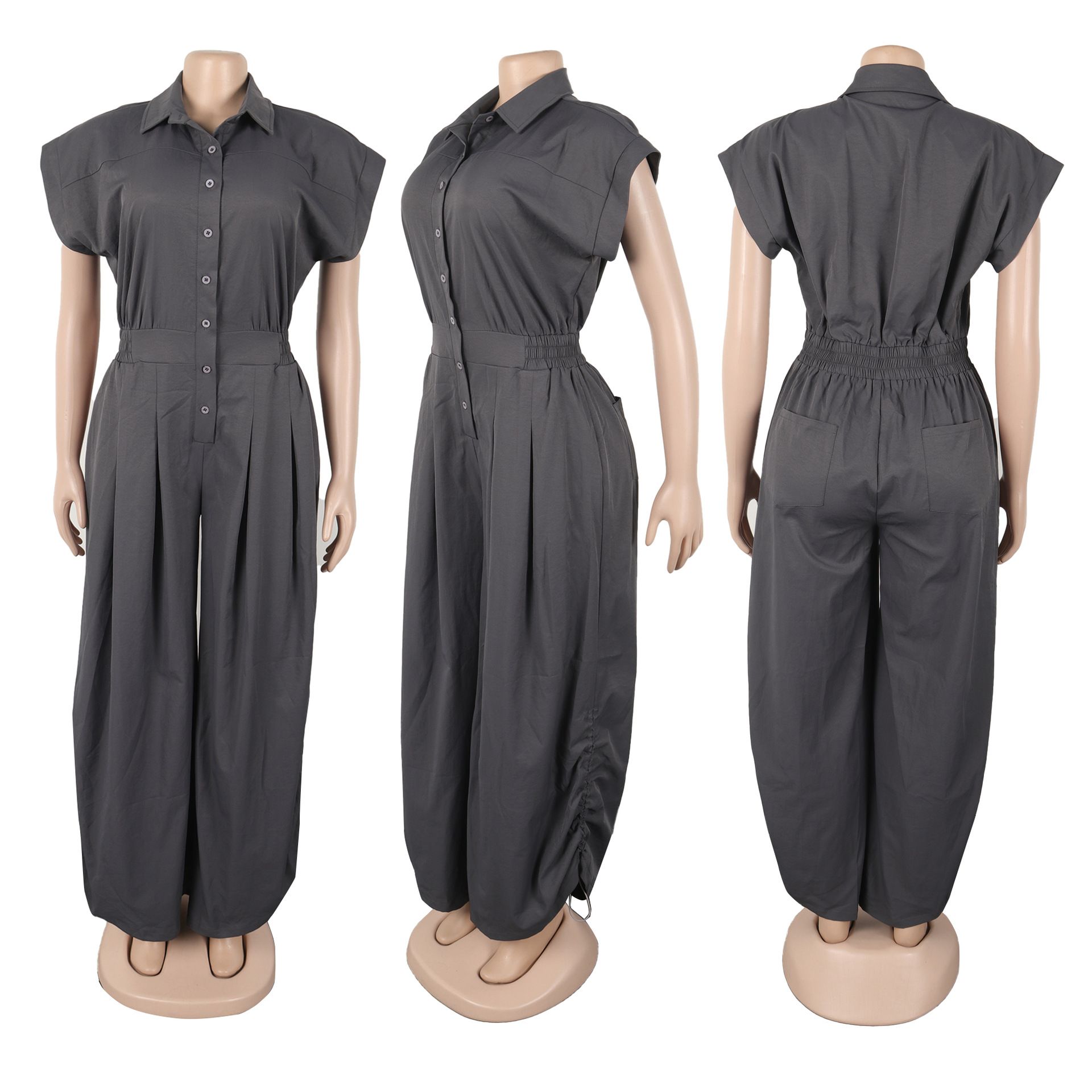 Casual Commuter Lapel Sleeveless Button Down Waisted Workwear Insert Pocket Jumpsuit