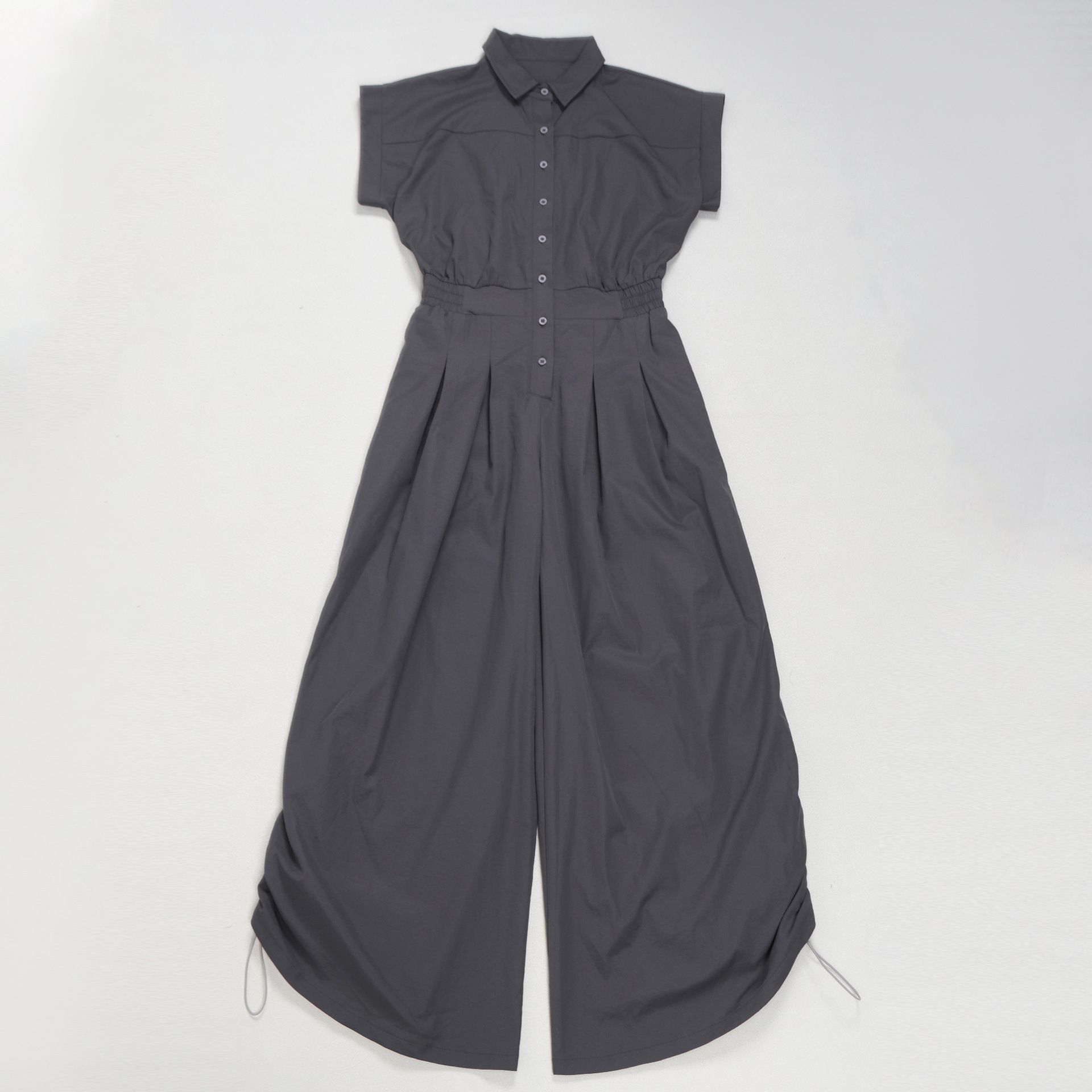 Casual Commuter Lapel Sleeveless Button Down Waisted Workwear Insert Pocket Jumpsuit