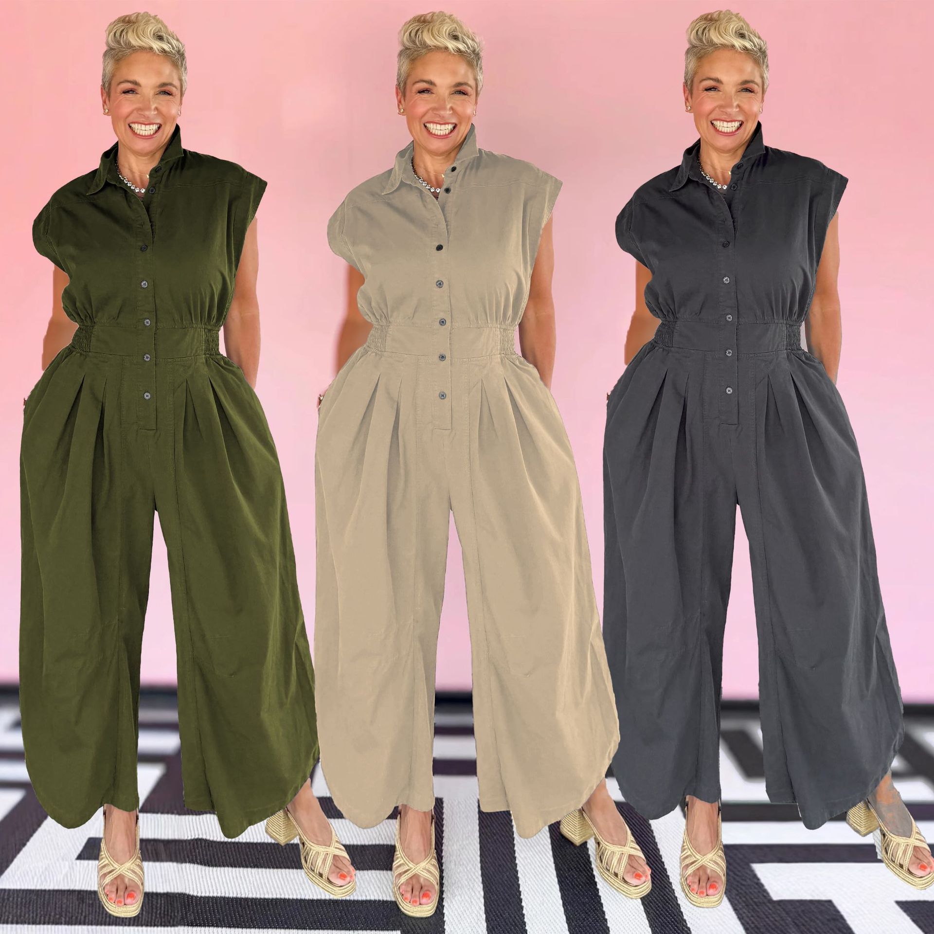 Casual Commuter Lapel Sleeveless Button Down Waisted Workwear Insert Pocket Jumpsuit