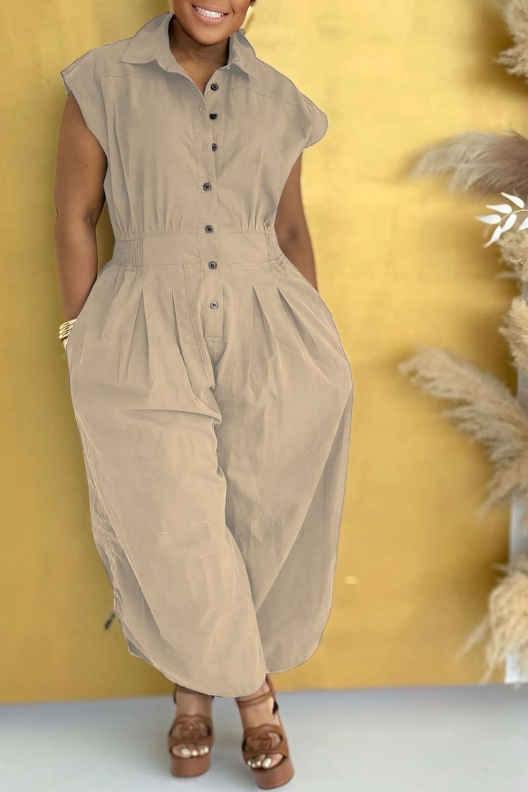 Casual Commuter Lapel Sleeveless Button Down Waisted Workwear Insert Pocket Jumpsuit
