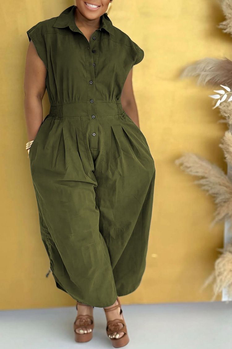 Casual Commuter Lapel Sleeveless Button Down Waisted Workwear Insert Pocket Jumpsuit