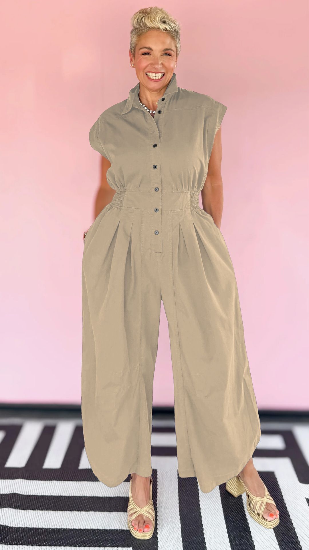 Casual Commuter Lapel Sleeveless Button Down Waisted Workwear Insert Pocket Jumpsuit